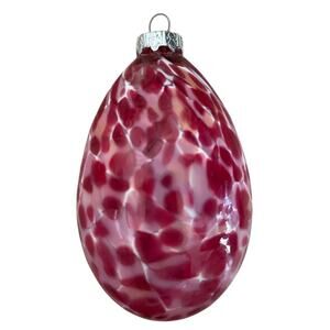 Hand Blown Glass Ornament Oval Christmas Egg Shaped Pink Red White Speckled 4”